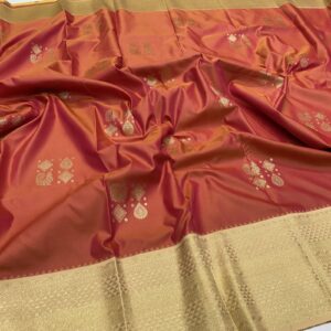 Semi Silk Saree in Orange with Sandal featuring Annam Rangoli Deepam Butta Design