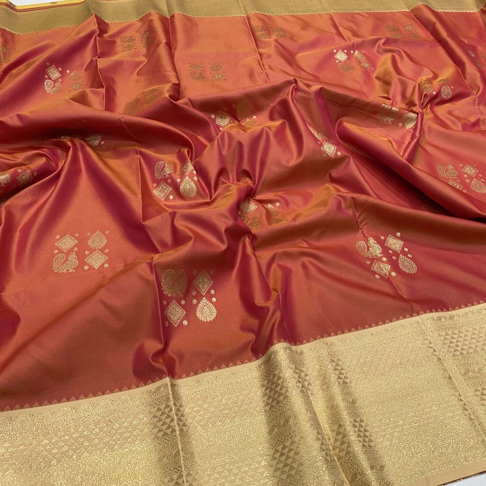 Semi Silk Saree in Orange with Sandal featuring Annam Rangoli Deepam Butta Design