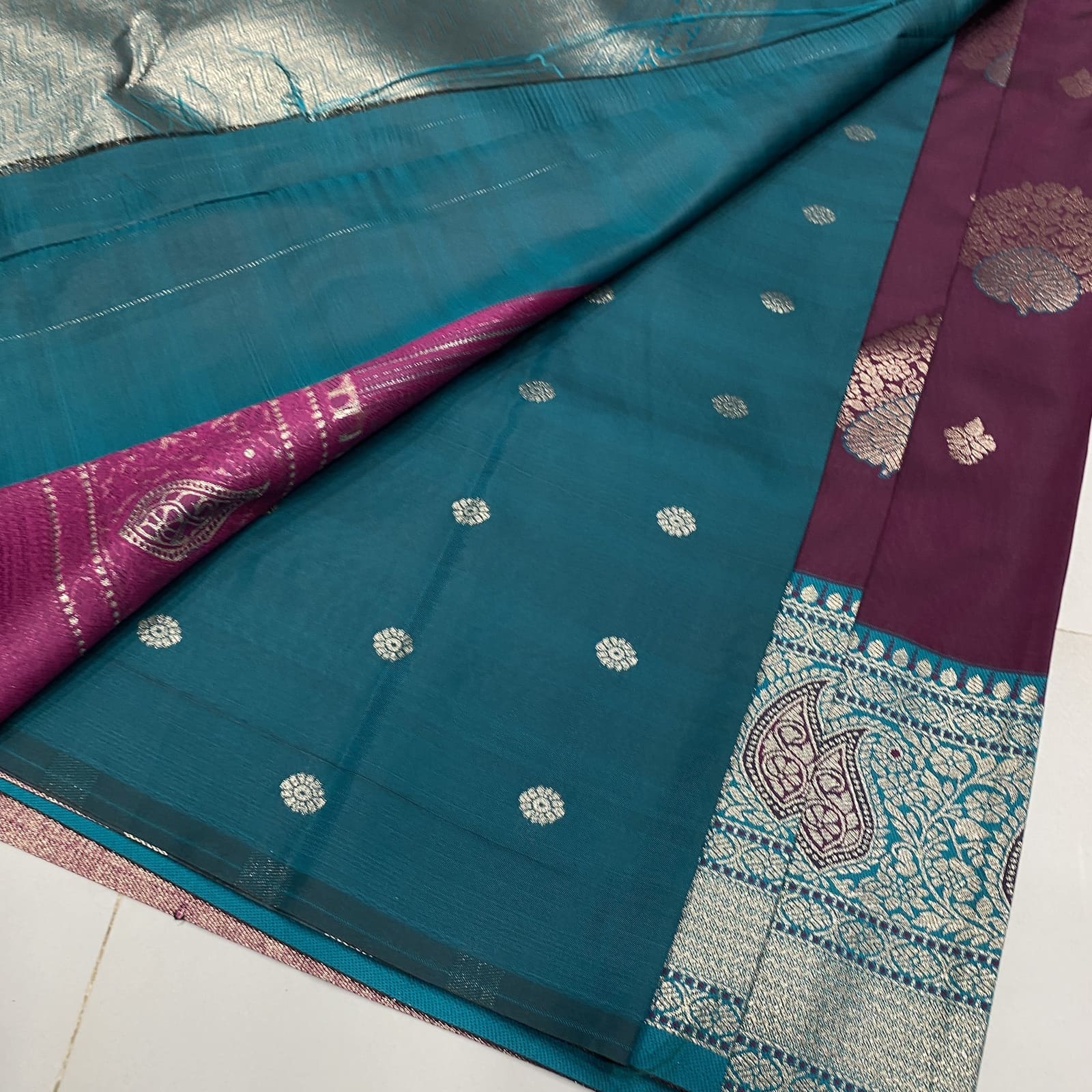 Wine with Rama Blue Semi Silk Saree Contrast Butta Blouse