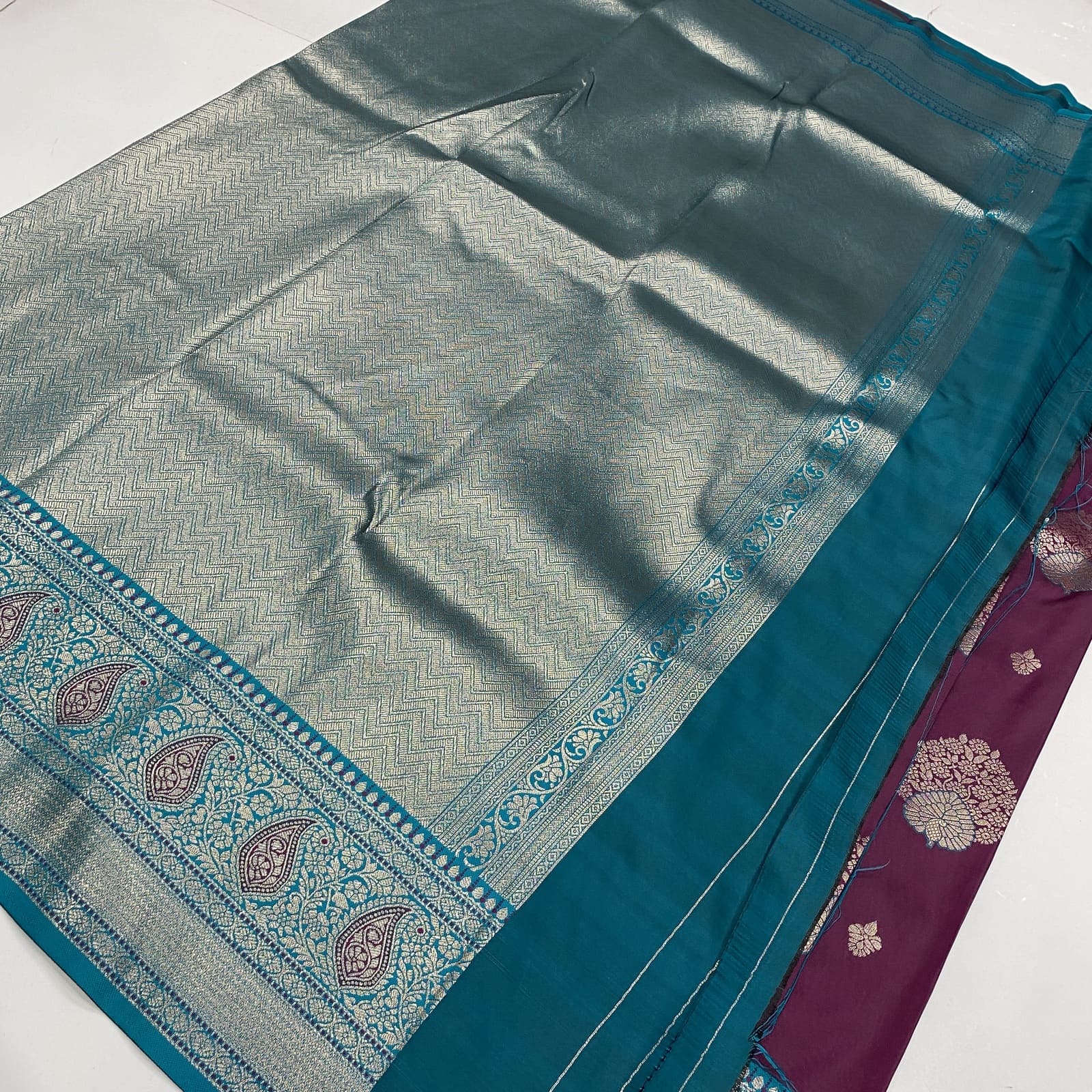 Wine with Rama Blue Semi Silk Saree Matching Pallu