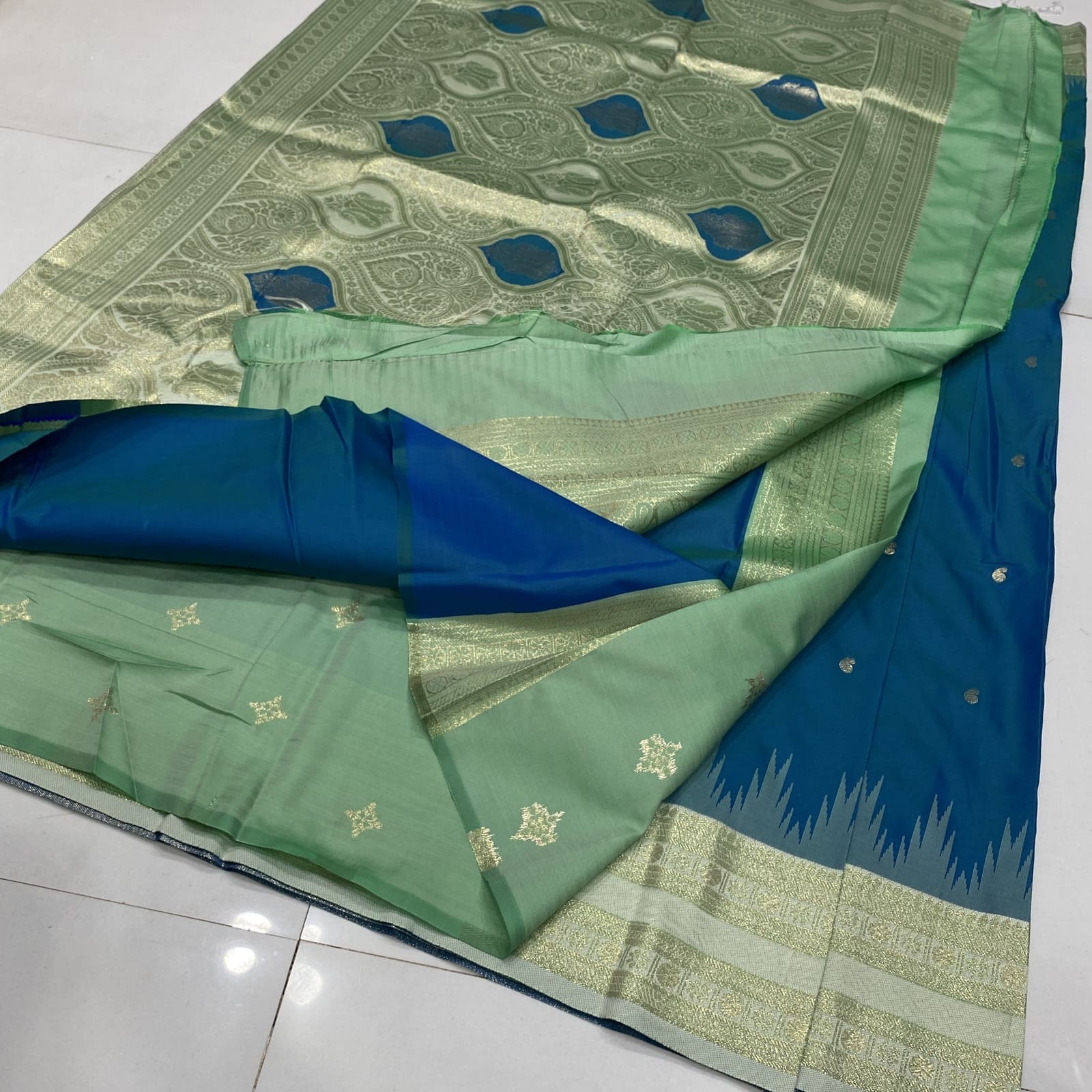 Blue with Beige Semi Silk Saree Contrast Butta Blouse