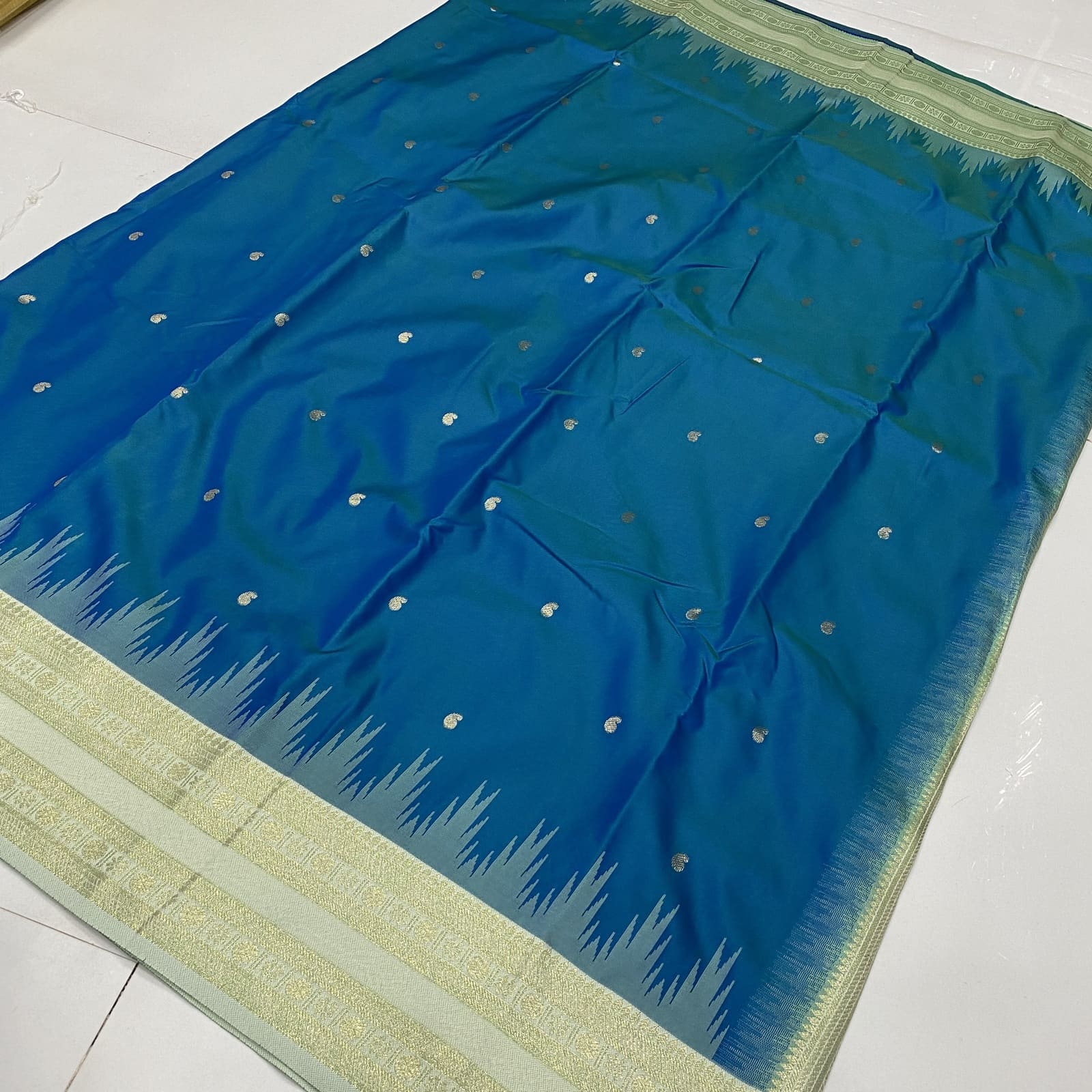 Semi Silk Saree in Blue with Beige featuring Mango Leaf Zari Butta