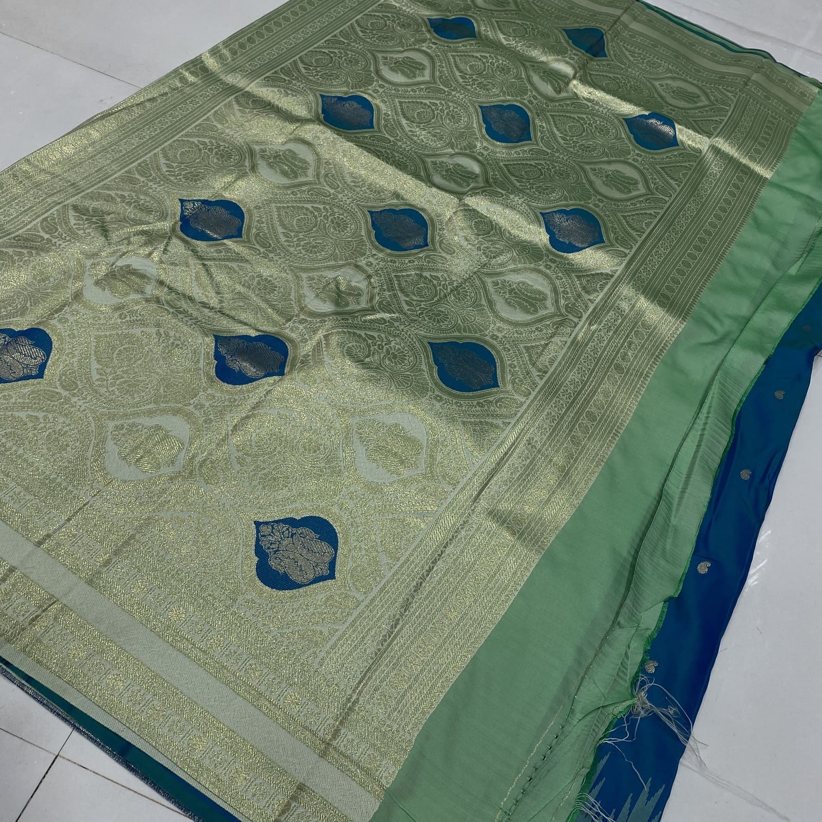 Blue with Beige Semi Silk Saree Contrast Zari Meena Pallu