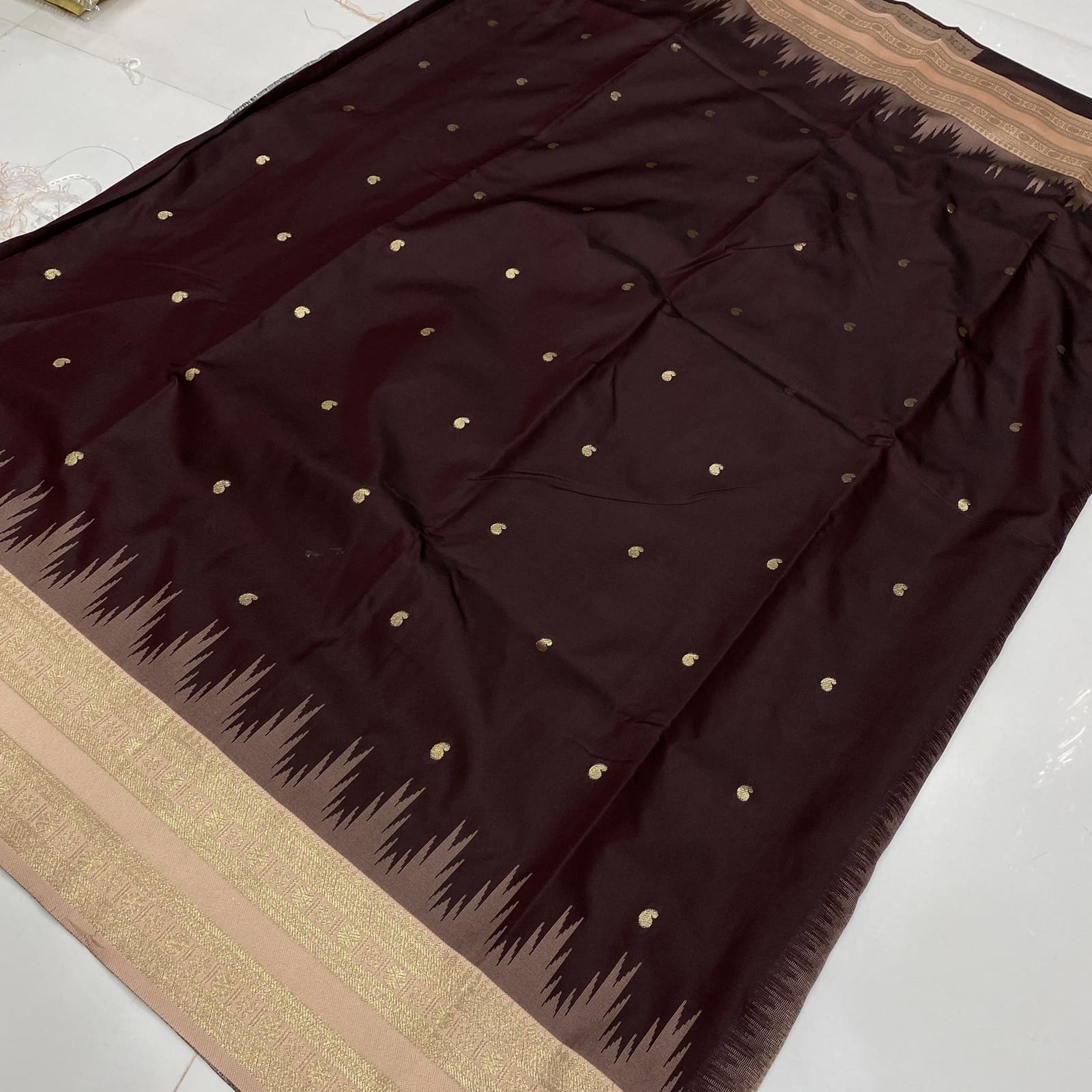 Semi Silk Saree in Brown with Peach featuring Mango Leaf Zari Butta
