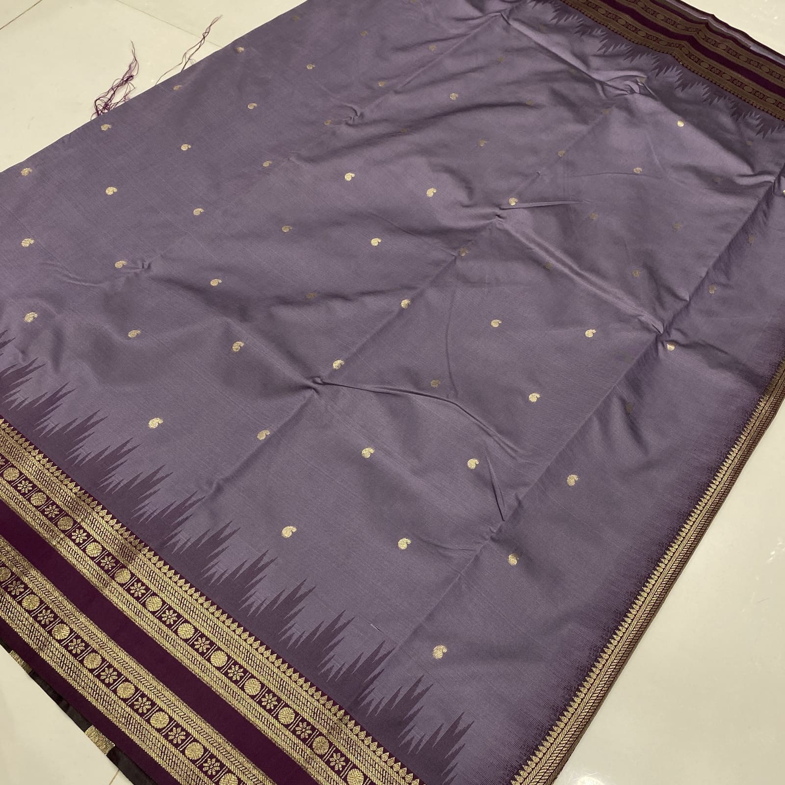 Semi Silk Saree in Lavender with Wine featuring Mango Leaf Zari Butta