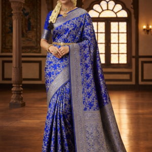 Semi Tussar Jaal Kanchi Border Saree in Royal Blue Model Full View