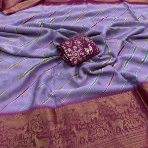 Semi tussar soft silk saree lavender with rani multicolor lehariya print body design