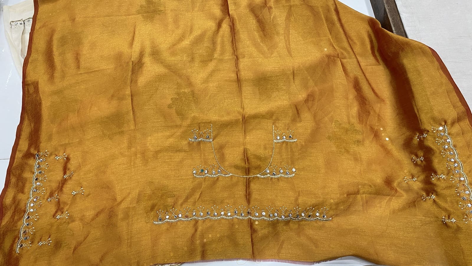 Matching contrast embroidery faux mirror cut work blouse for beige tussar chiffon saree