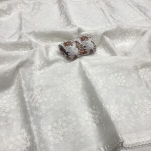 White Kota saree with all over embroidery and designer cut work piping border