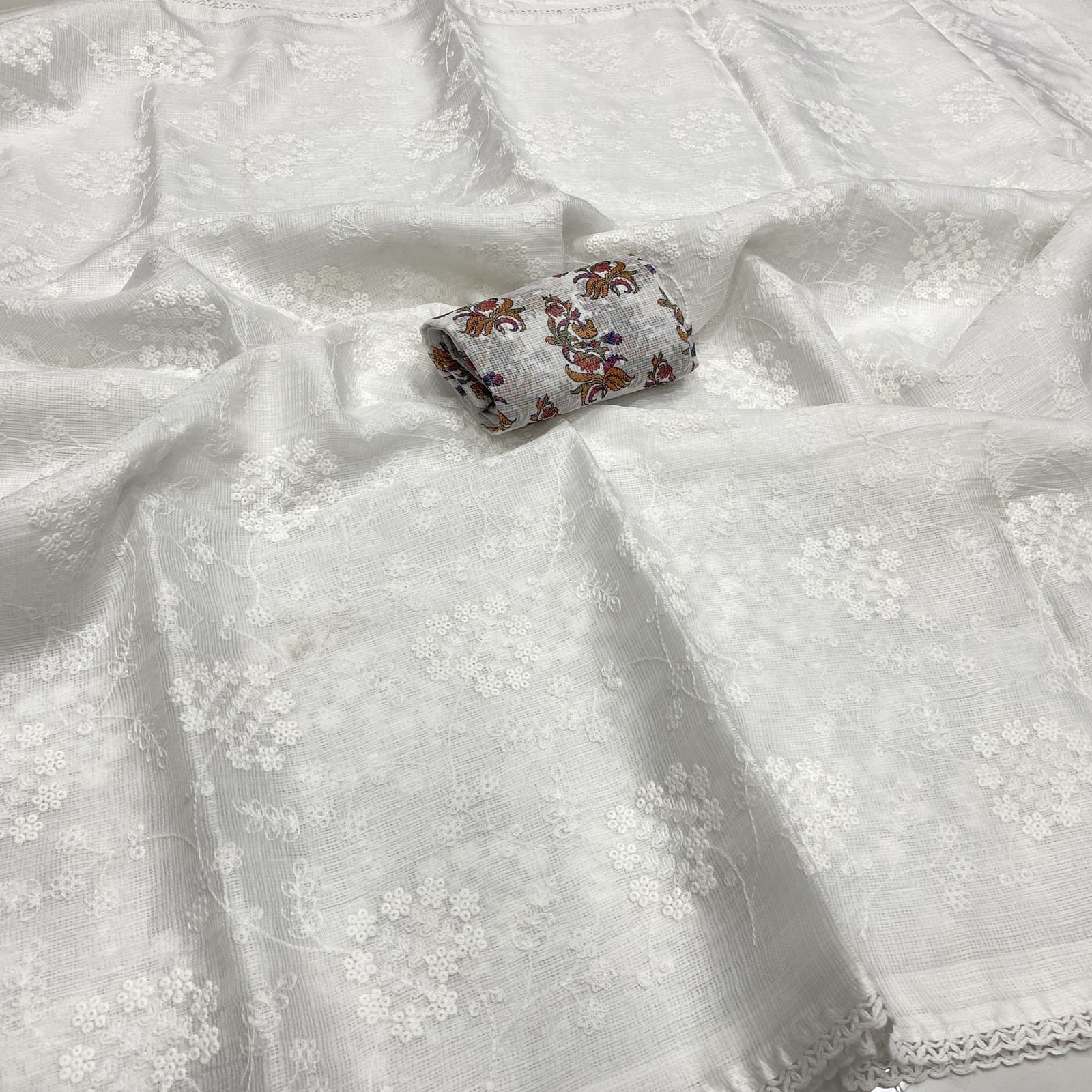 White Kota saree with all over embroidery and designer cut work piping border