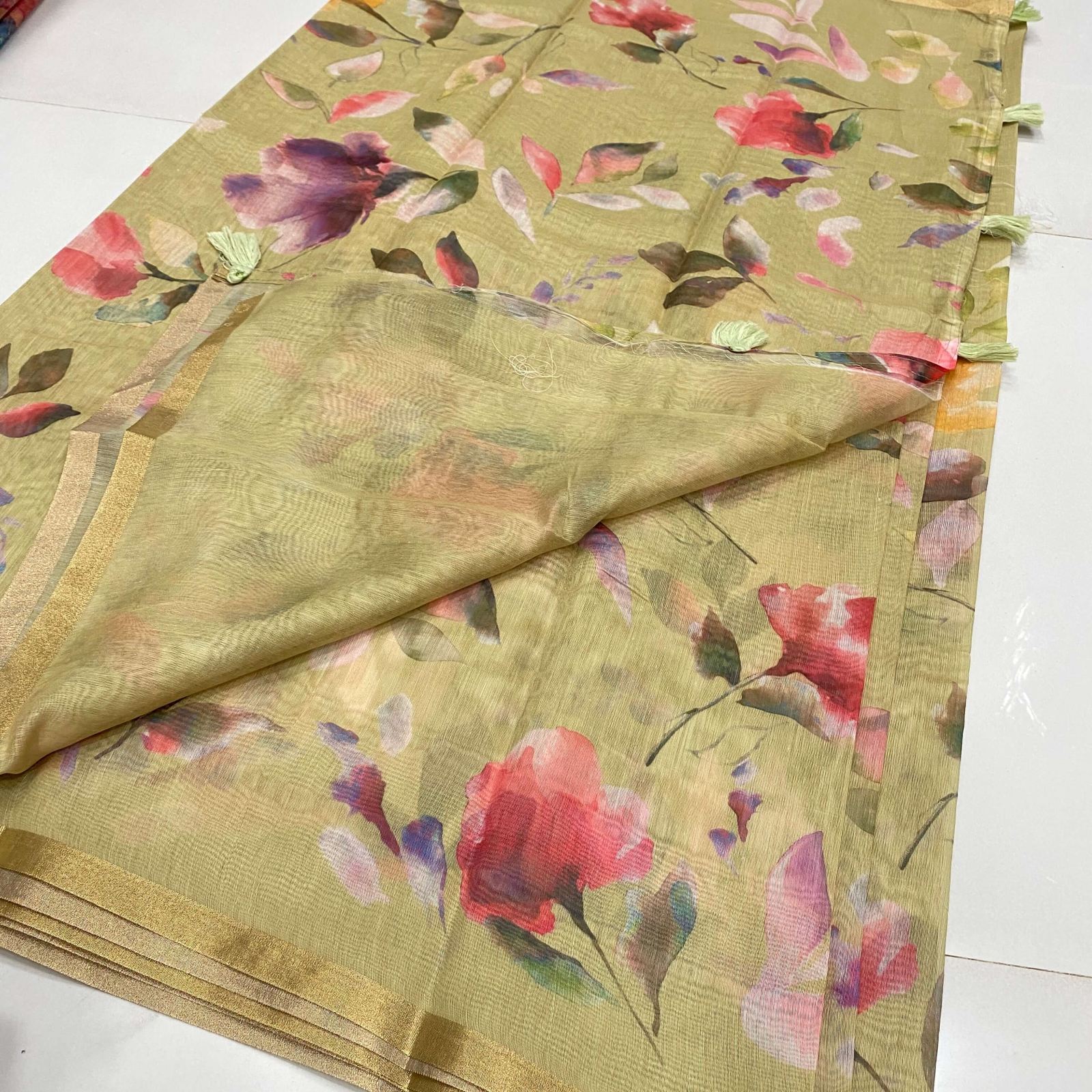 Cotton Chanderi saree with floral print in beige shade blouse