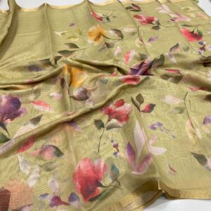 Cotton Chanderi saree with floral print in beige shade body