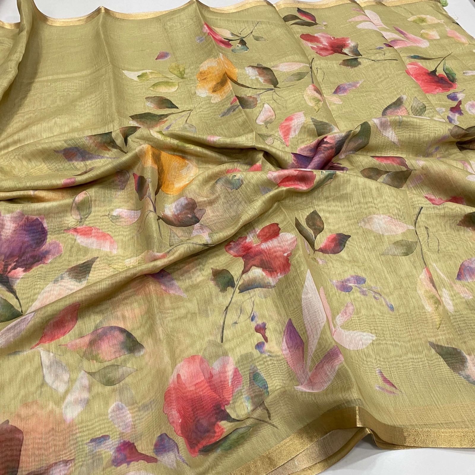 Cotton Chanderi saree with floral print in beige shade body