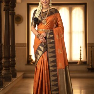 Rust brown kanchi semi silk saree with Annam butta design and contrast border Model View