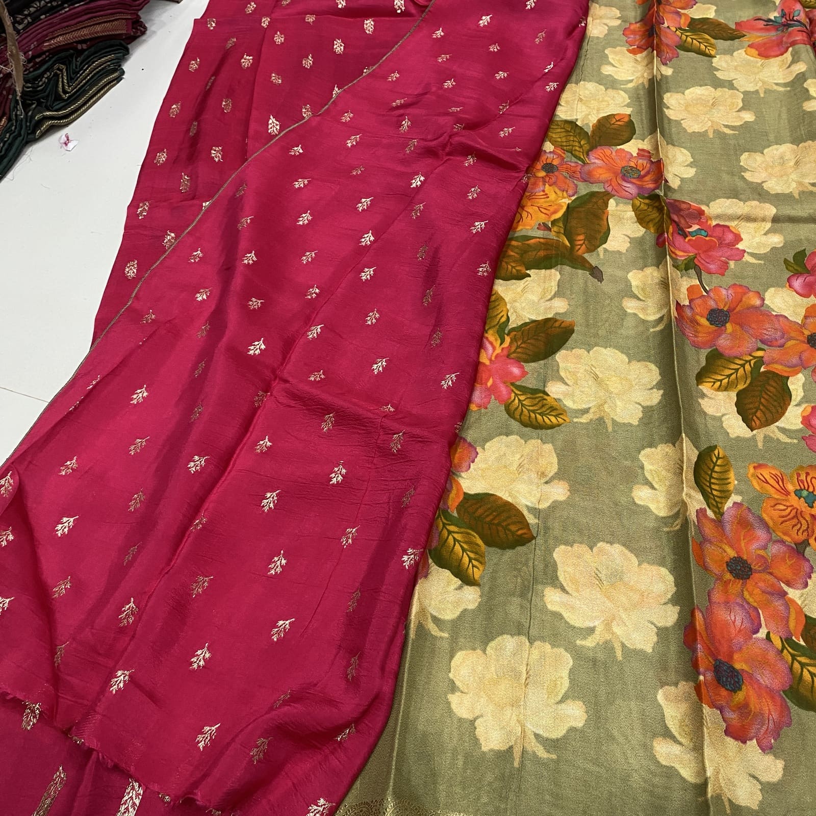 Sage green khalari soft silk saree contrast leaf butta blouse