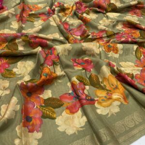 Sage green khalari soft silk saree with floral design and mango zari border