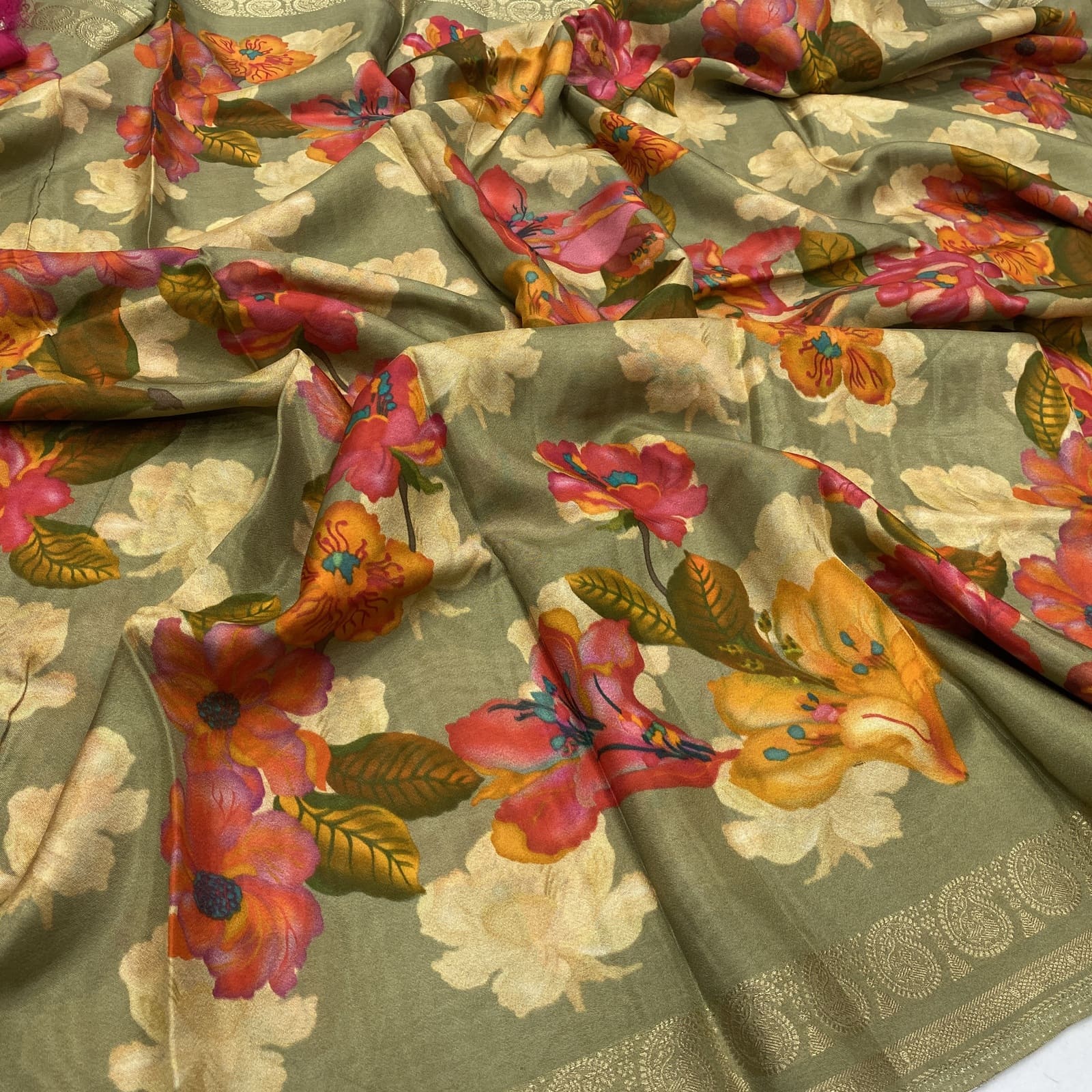 Sage green khalari soft silk saree with floral design and mango zari border