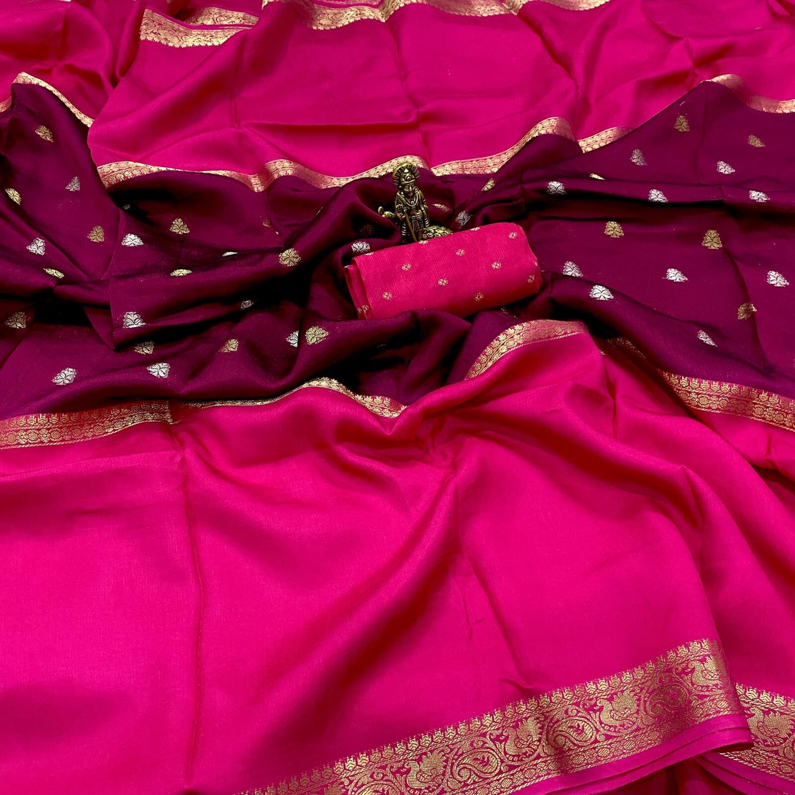Pink pure viscose crepe silk saree with mid weave butta design