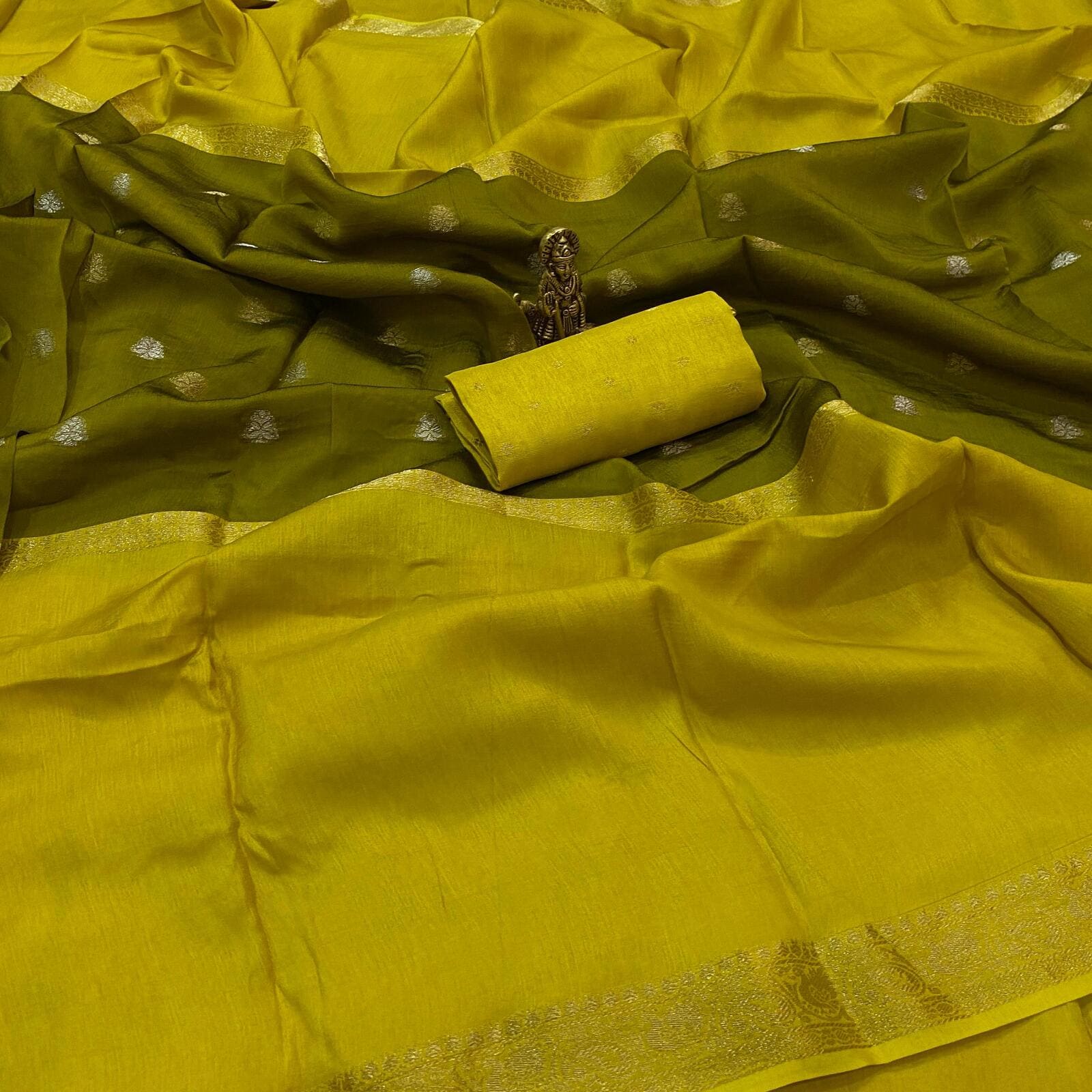 Lime pure viscose crepe silk saree with mid weave butta design