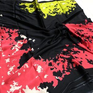 Black satin finish saree with abstract splash print design