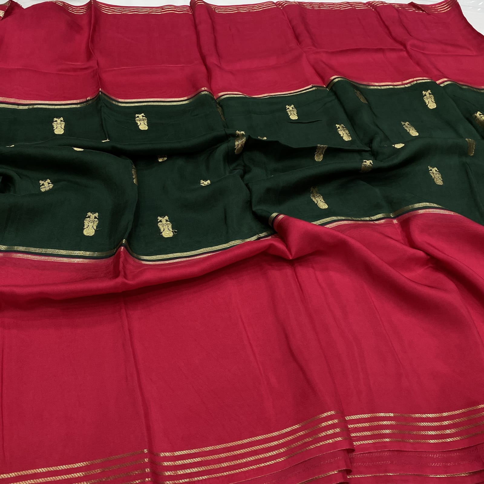 Bottle green semi berunda silk saree with annam mid panel design