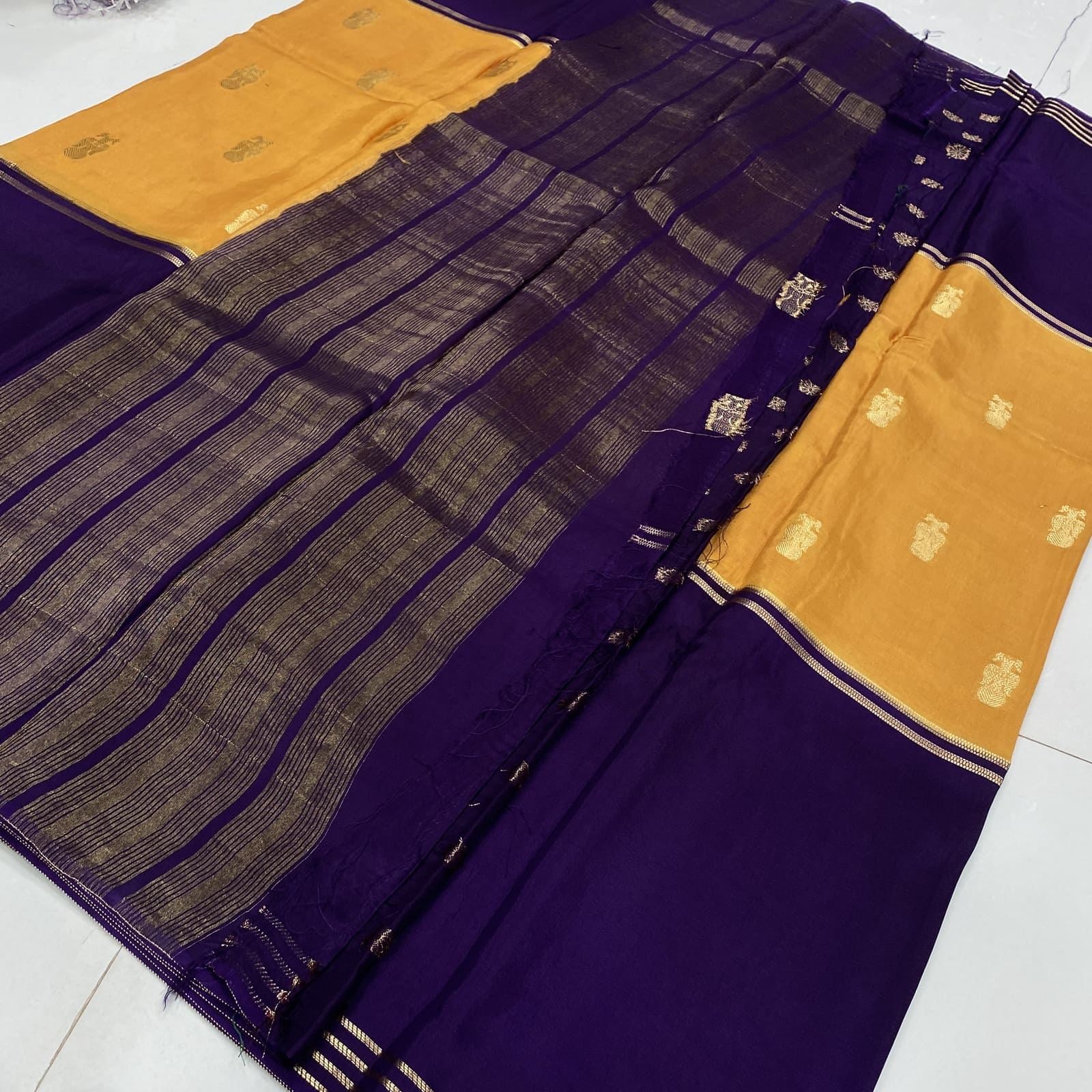 Mustard semi berunda silk saree with chit pallu