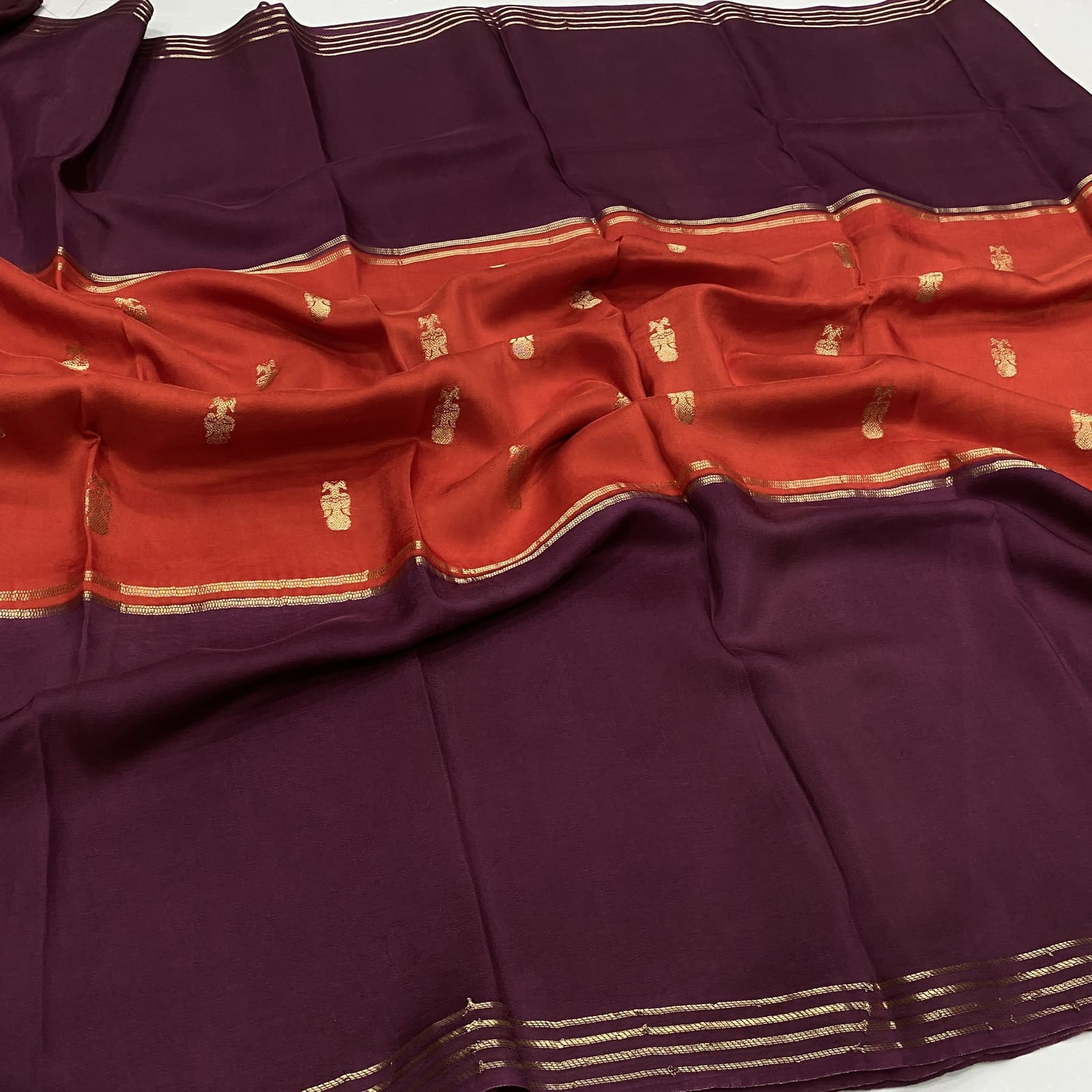 Red semi berunda silk saree with annam mid panel design