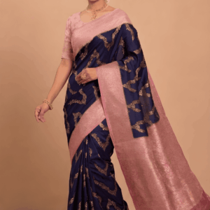 Navy semi silk saree with zari zig zag design and contrast kanchi border Model