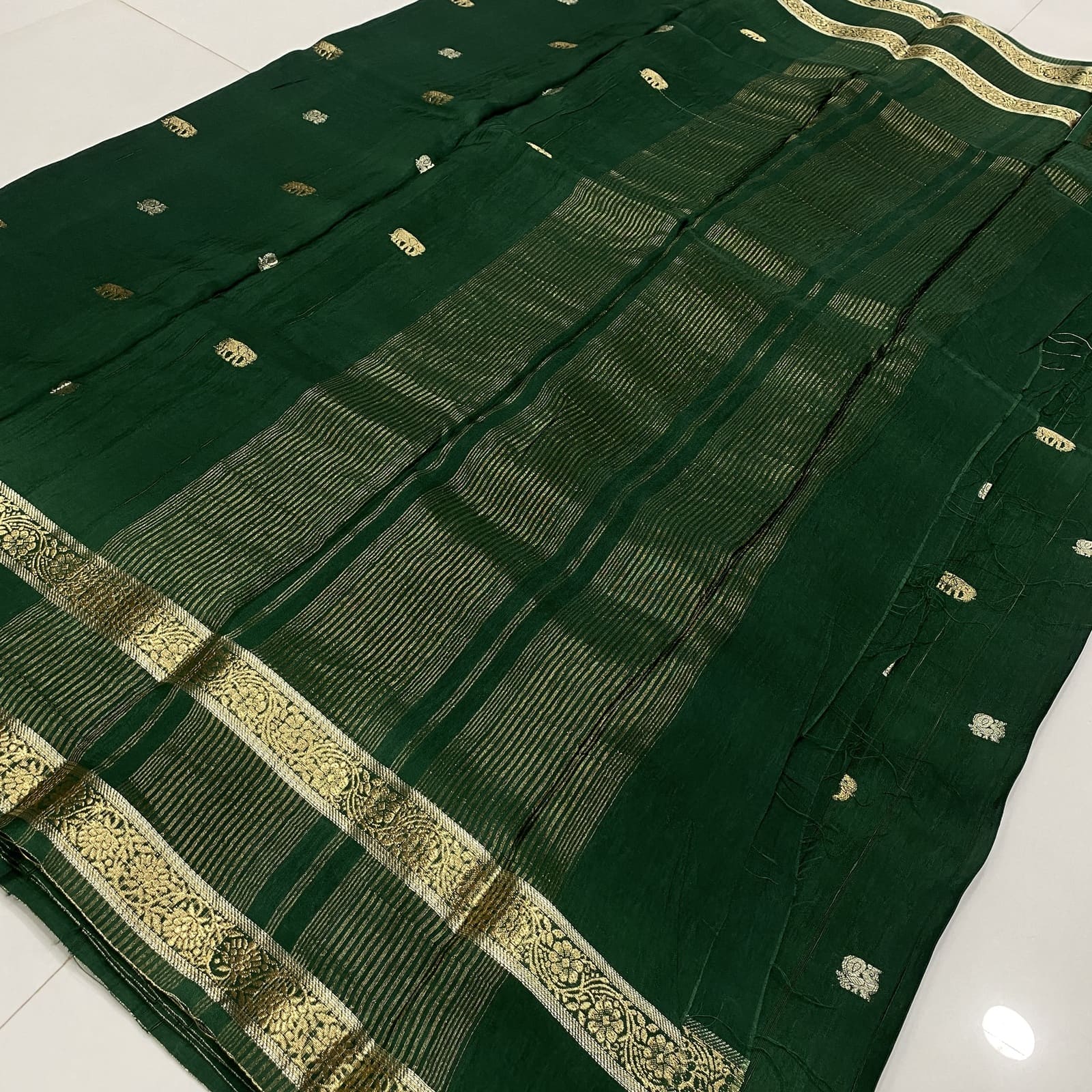 Bottle green viscose georgette silk saree stripes pallu