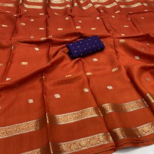 Orange viscose georgette silk saree with elephant annam butta motifs